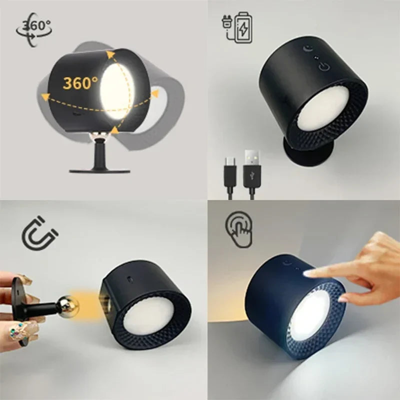 Led Double Head Wall Lamp Touch Control Remote 360 Rotatable USB Recharge Wireless Portable Night Light For Bedroom Reading Lamp